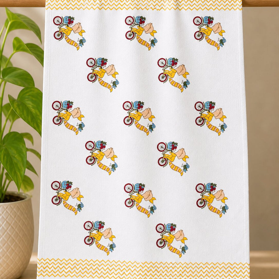 Towel – Vintage Cycle Print-White Cotton Design