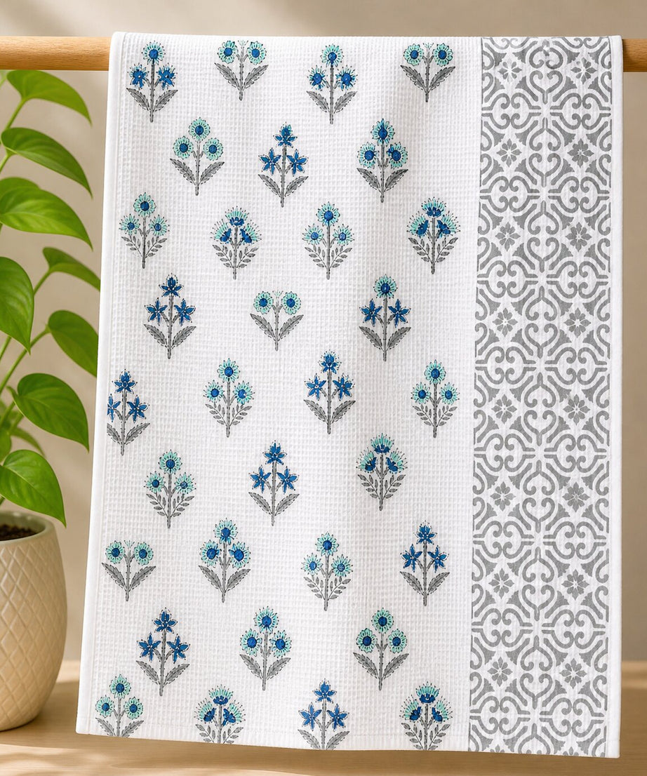 Towel – Blue Floral Waffle White Cotton Design