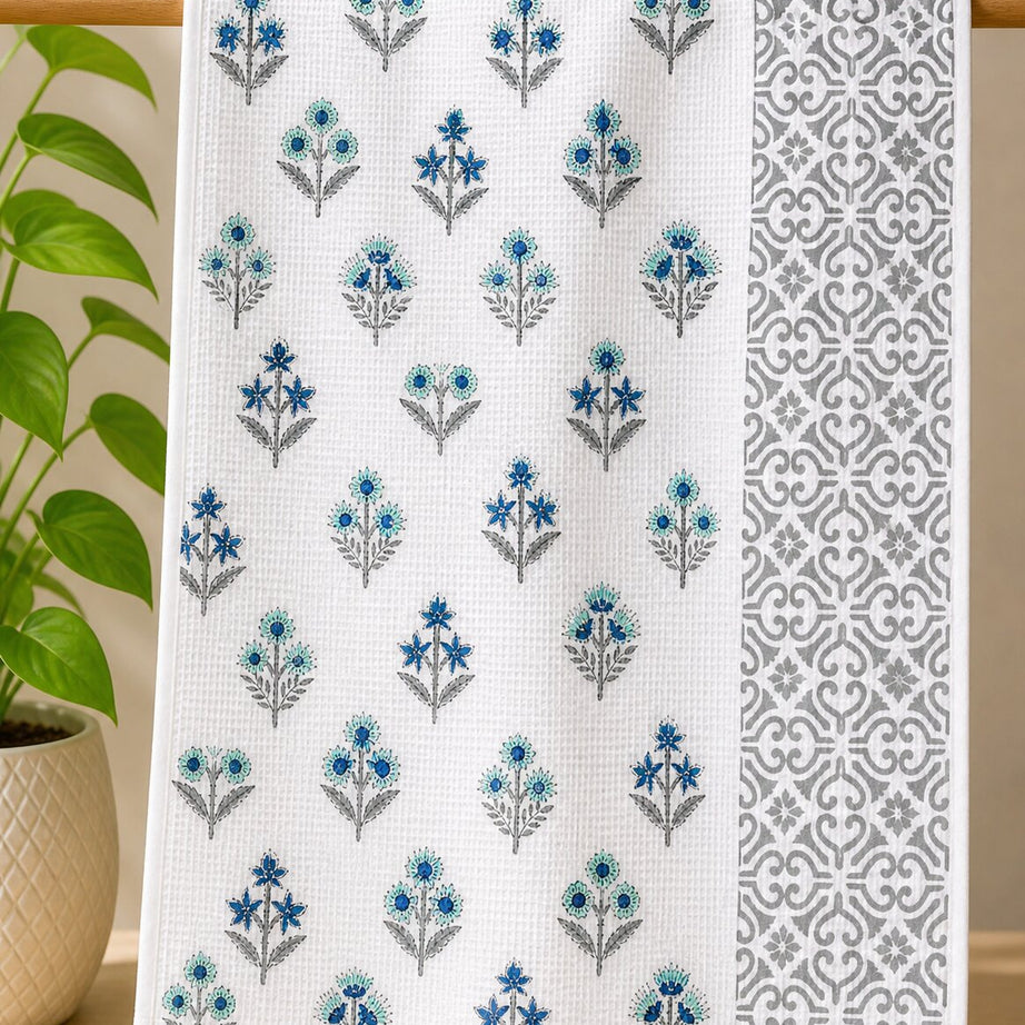 Towel – Blue Floral Waffle White Cotton Design