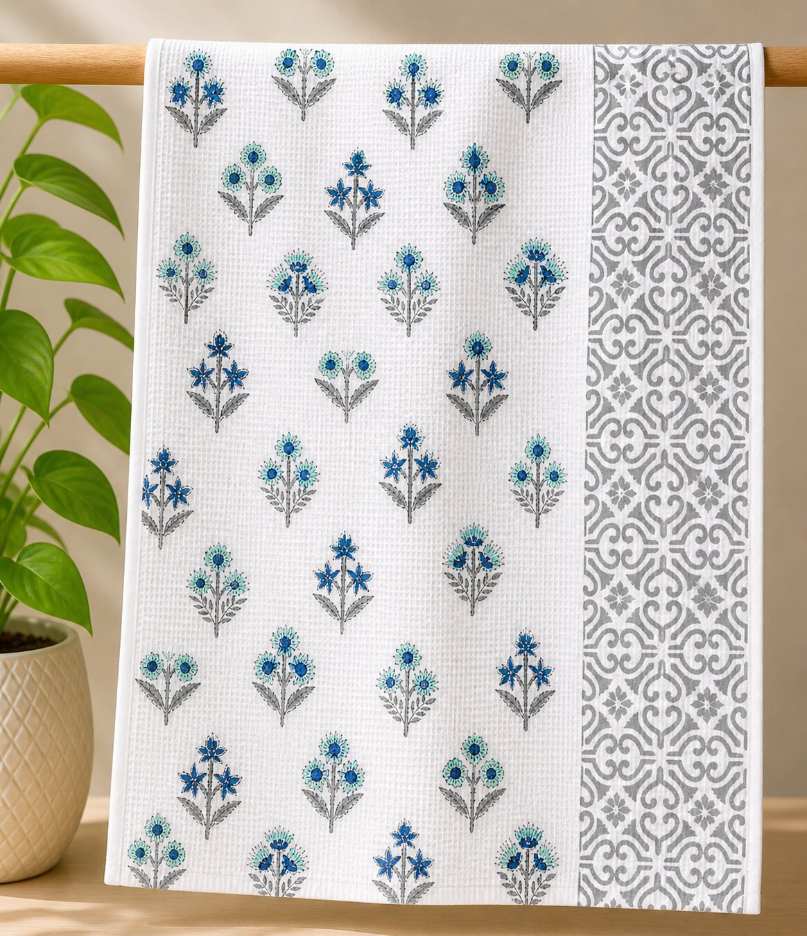 Towel – Blue Floral Waffle White Cotton Design
