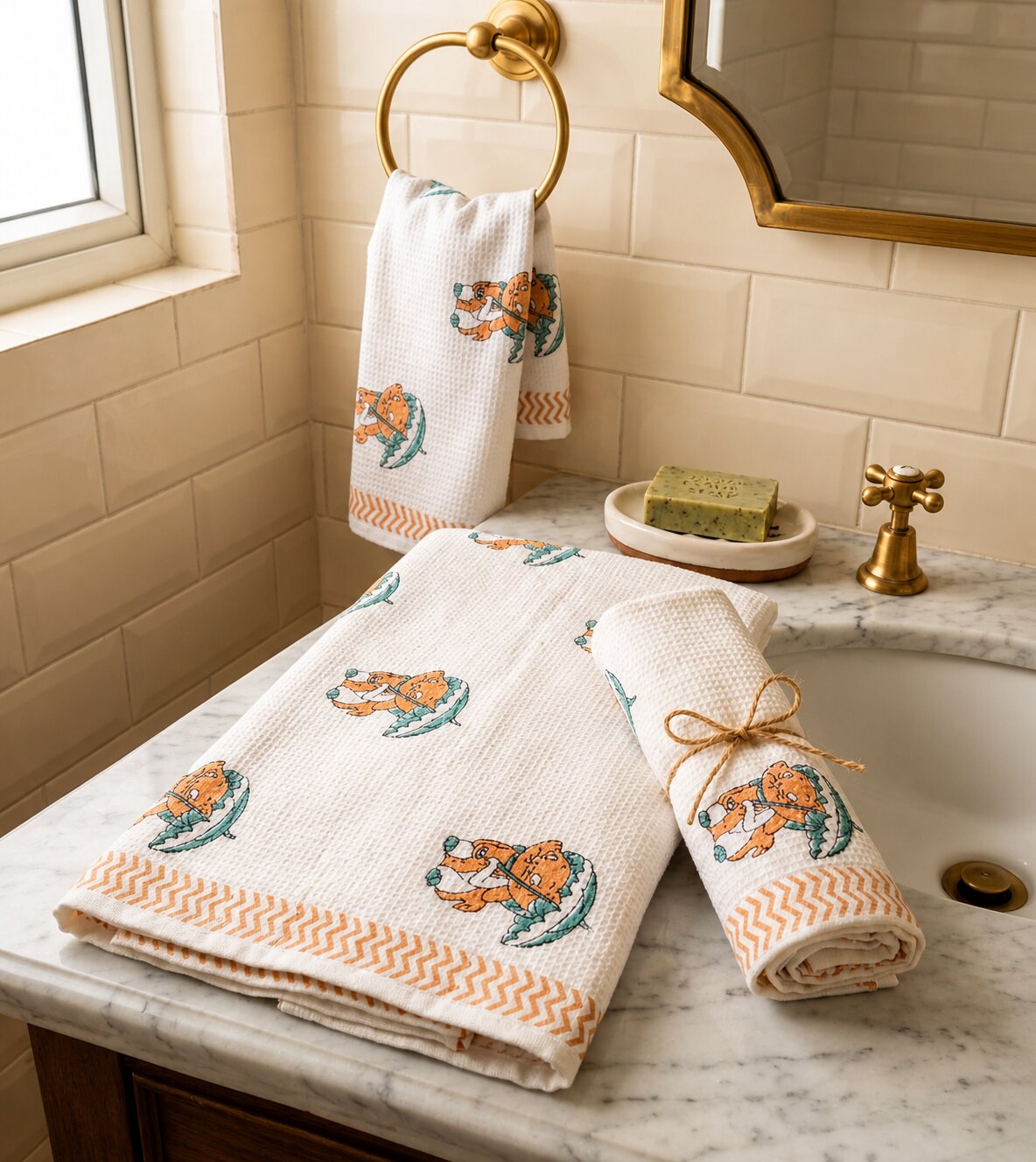 Towel Cartoon Print Waffle Towel Set
